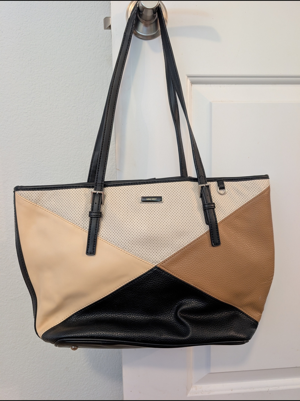 Nine West Colorblock Tote Purse in Black, Beige & Tan